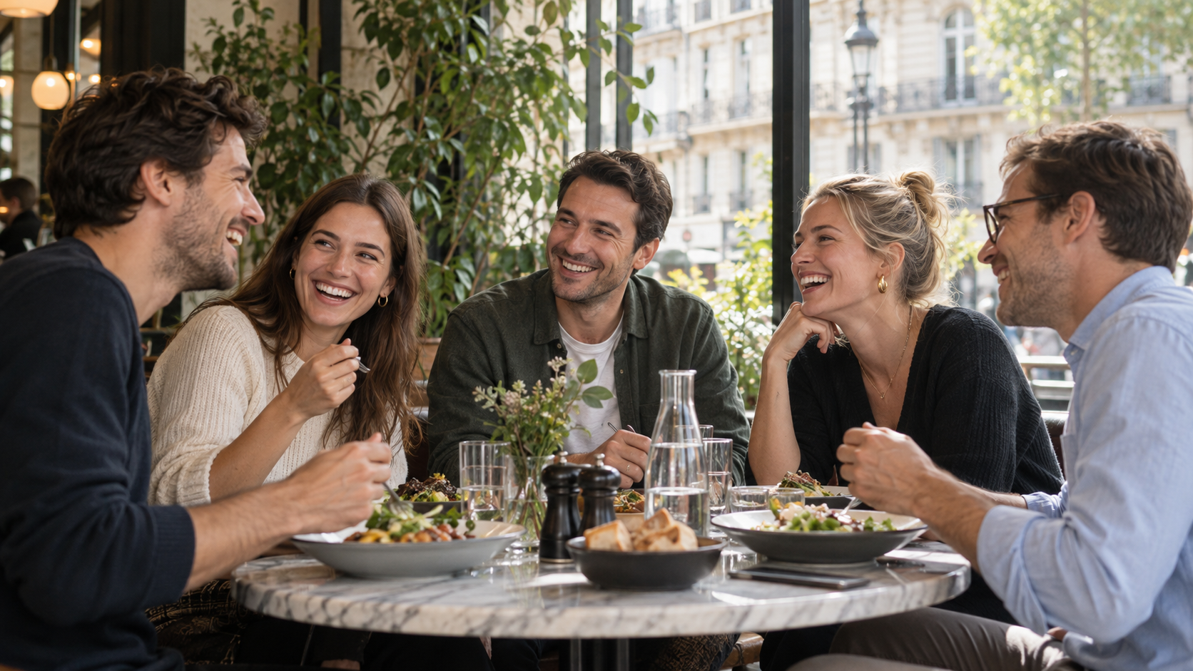 Un groupe de collègues échange autour d'une table dans un café